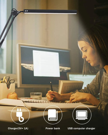 10W LED Clamp Desk Lamp | Dimmable Swing Arm Light with 3 Modes, 10 Brightness Levels, USB Powered