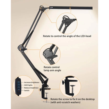10W LED Clamp Desk Lamp | Dimmable Swing Arm Light with 3 Modes, 10 Brightness Levels, USB Powered