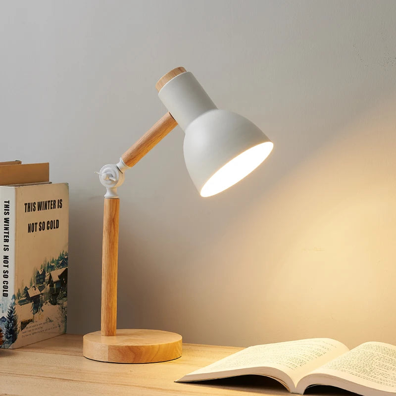Creative Nordic Wooden LED Table Lamp – Adjustable Head Eye-Protection Bedside Desk Light for Reading & Study