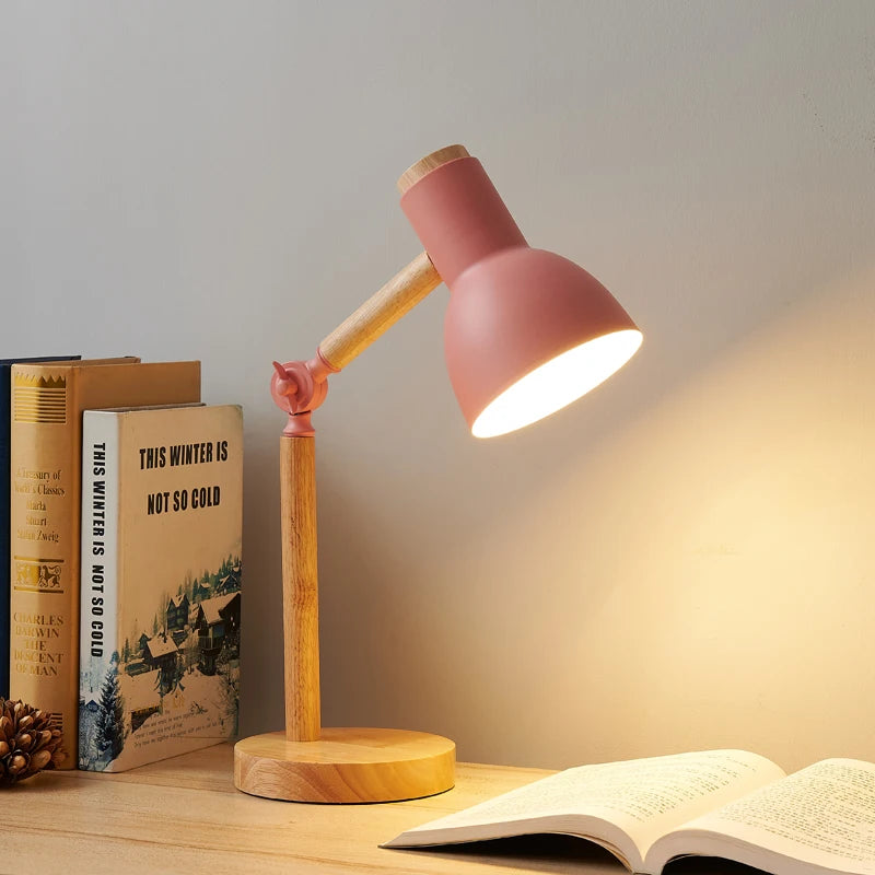 Creative Nordic Wooden LED Table Lamp – Adjustable Head Eye-Protection Bedside Desk Light for Reading & Study
