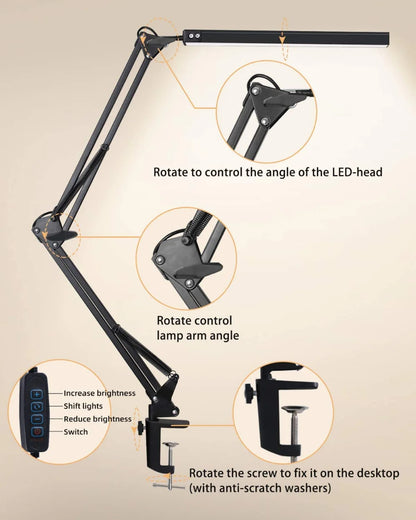 10W LED Clamp Desk Lamp | Dimmable Swing Arm Light with 3 Modes, 10 Brightness Levels, USB Powered