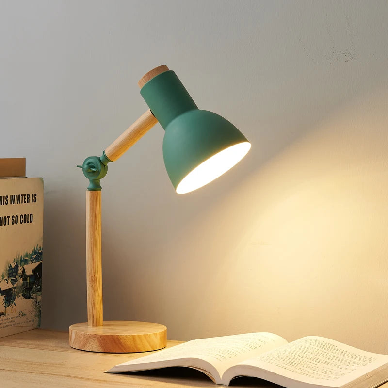 Creative Nordic Wooden LED Table Lamp – Adjustable Head Eye-Protection Bedside Desk Light for Reading & Study