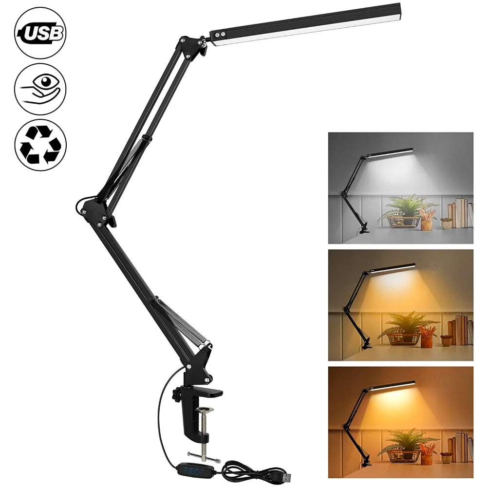 10W LED Clamp Desk Lamp | Dimmable Swing Arm Light with 3 Modes, 10 Brightness Levels, USB Powered