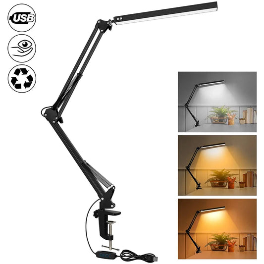 10W LED Clamp Desk Lamp | Dimmable Swing Arm Light with 3 Modes, 10 Brightness Levels, USB Powered