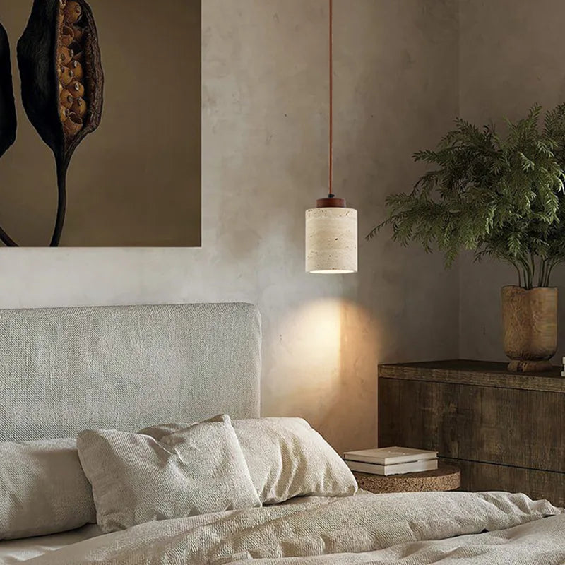 Wabi-Sabi Japanese Pendant Light | Modern Bedside Hanging Lamp with Yellow Cave Stone