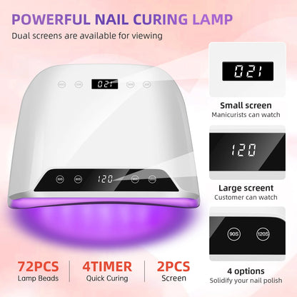 Big Space 320W UV LED Nail Lamp for Gel Polish – 72 LEDs, Dual LCD Screens, Professional Nail Dryer