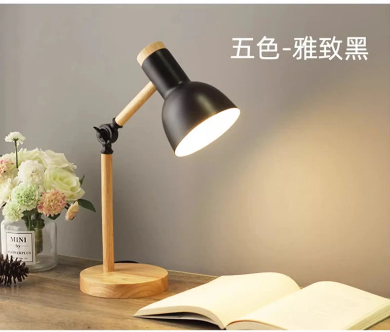 Creative Nordic Wooden LED Table Lamp – Adjustable Head Eye-Protection Bedside Desk Light for Reading & Study