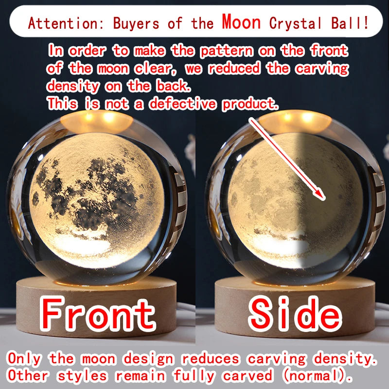 3D Crystal Ball LED Night Light | Galaxy Saturn Moon Lamp for Bedside & Kids Gift (5cm)